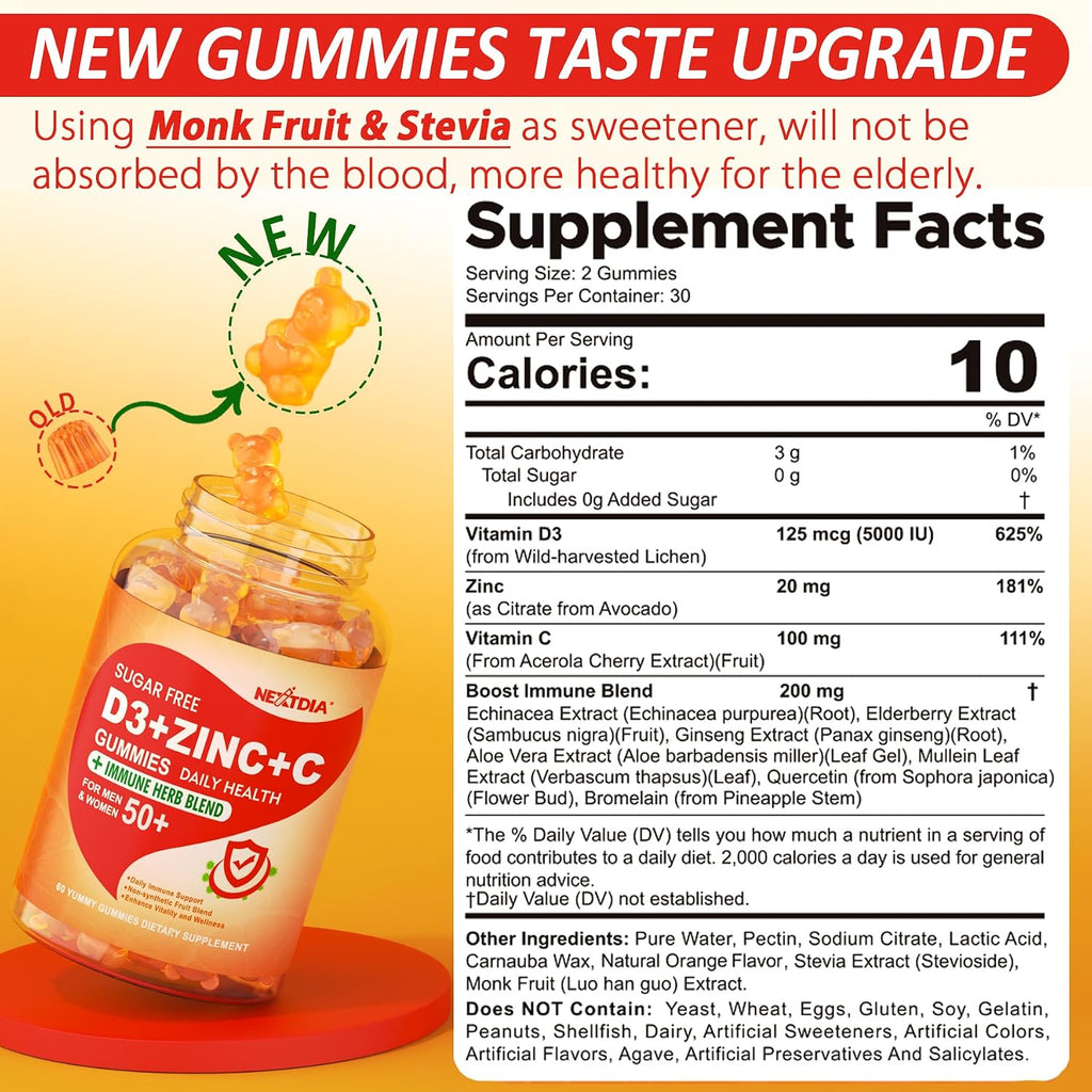 Gominolas Sin Azúcar de Vitamina C + D3 + Zinc para Adultos 50+, 9 en 1 Suplemento Defensa Inmune con D3 5000IU, Saúco, Equinácea, Gordolobo, Antioxidante, Vegano (Pack de 1)