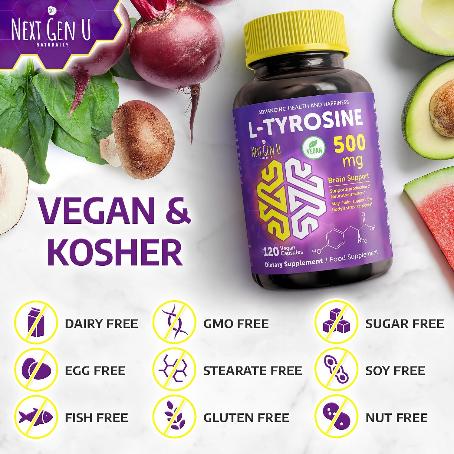 L-Tirosina 500 mg, 120 Cápsulas Veganas - NextGenU