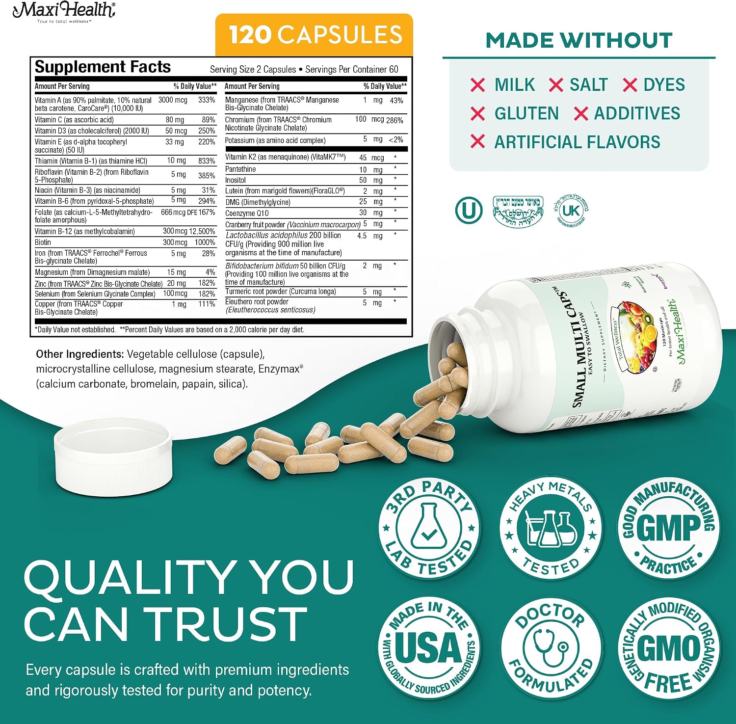 Maxi Health Multivitamínico - 30 Nutrientes con Hierro y Probióticos, 120 Cápsulas
