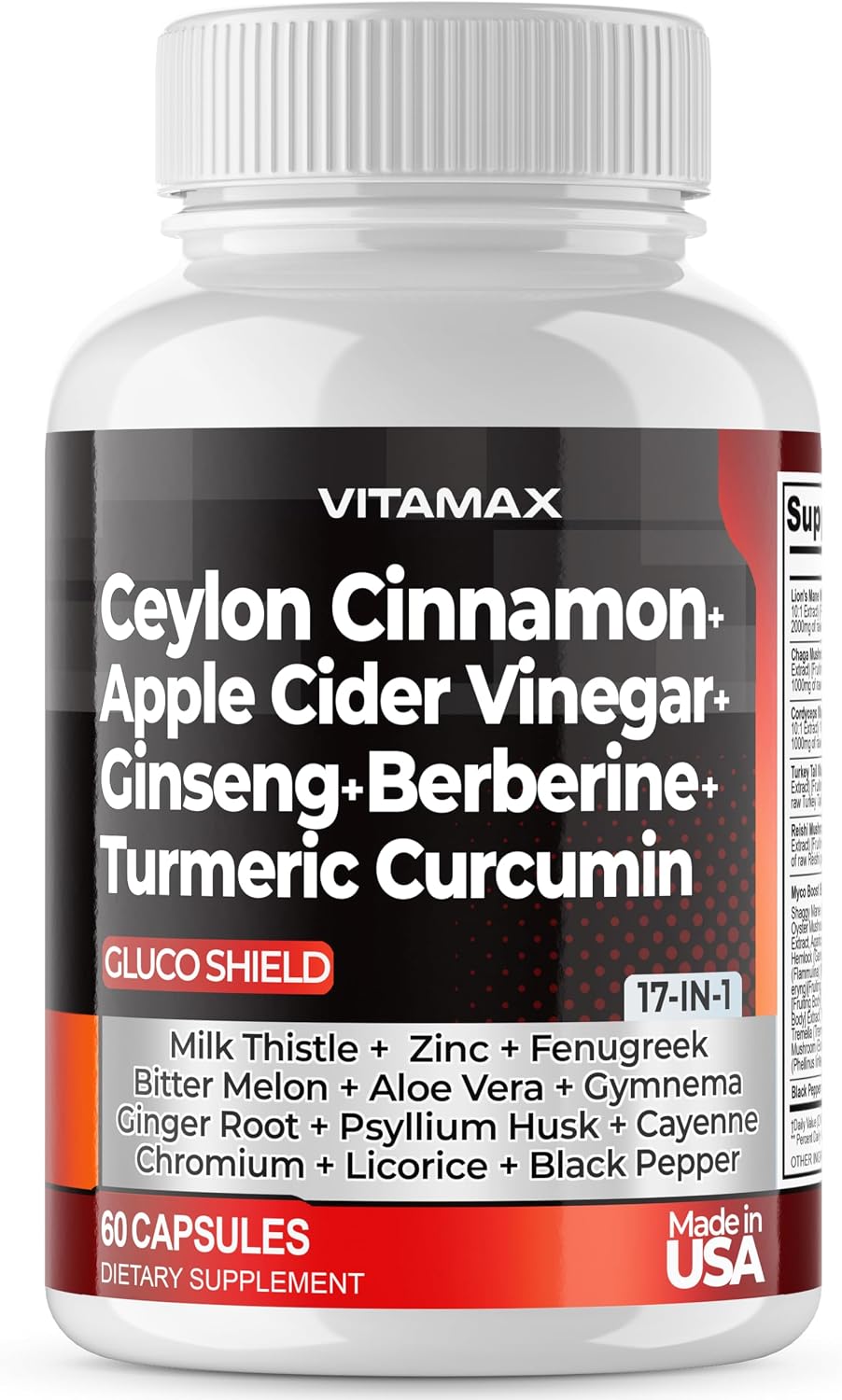 Vitamax Complejo de Canela de Ceilán, Vinagre de Manzana y Cúrcuma con Ginseng, Berberina y 12 Ingredientes Más - 60 Cápsulas