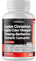 Vitamax Complejo de Canela de Ceilán, Vinagre de Manzana y Cúrcuma con Ginseng, Berberina y 12 Ingredientes Más - 60 Cápsulas