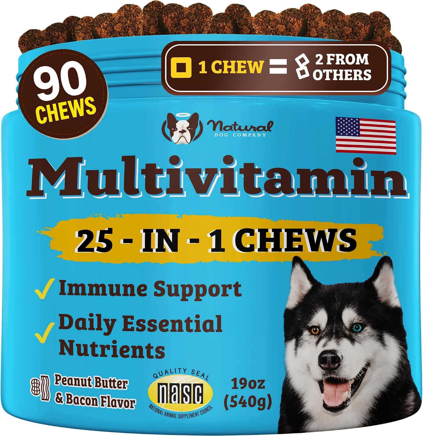 Natural Dog Company 25-in-1 Multivitamin for Dogs – Golosinas blandas formuladas por veterinarios para cachorros, adultos y seniors, 90 unidades