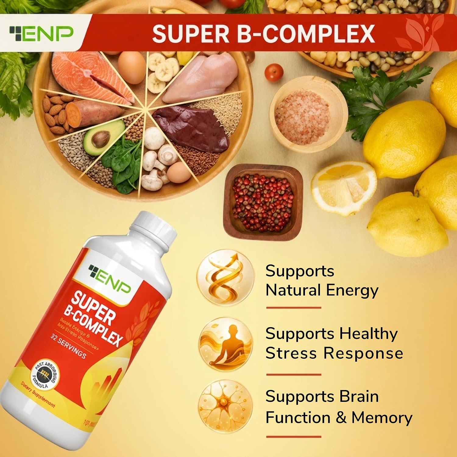 ENP Super B Complex Liquid - B12, B6, Tiamina y Biotina - Apoyo Energético, Metabólico y Nervioso - Vitaminas B Líquidas para el Bienestar Diario - 32 Porciones