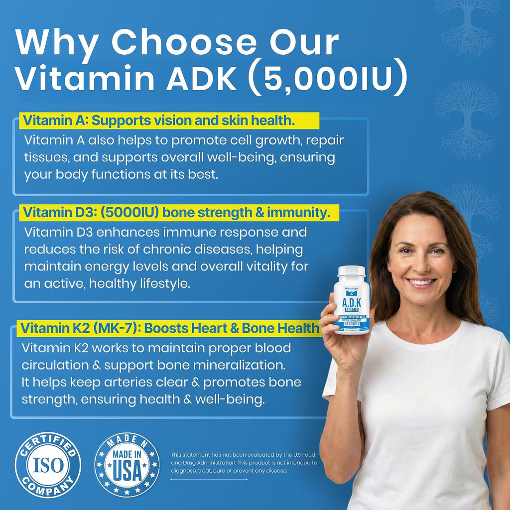 LifeStrength ADK 5 - Suplemento de Vitaminas A, D3 5000 UI y K2 MK-7, 90 Cápsulas