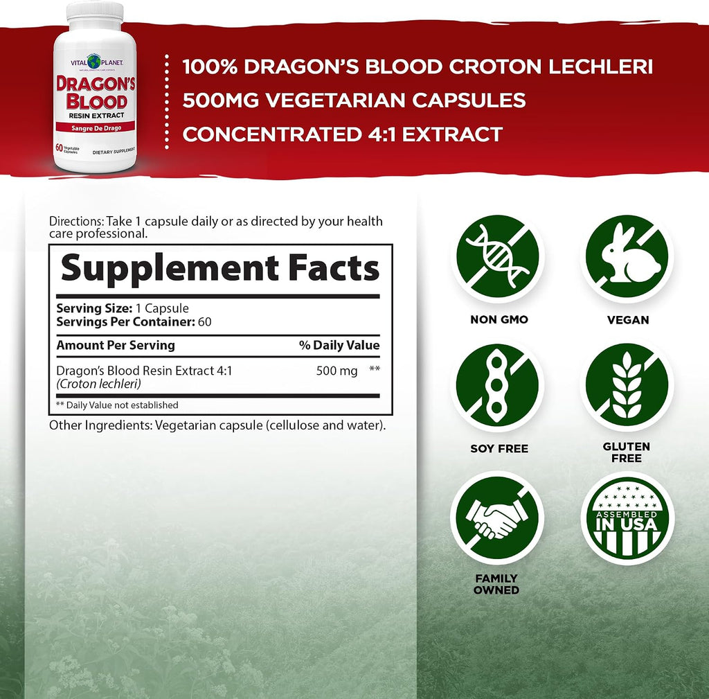 Vital Planet – Sangre de Dragón (Extracto de Resina de Croton lechleri) 500 mg – 60 Cápsulas