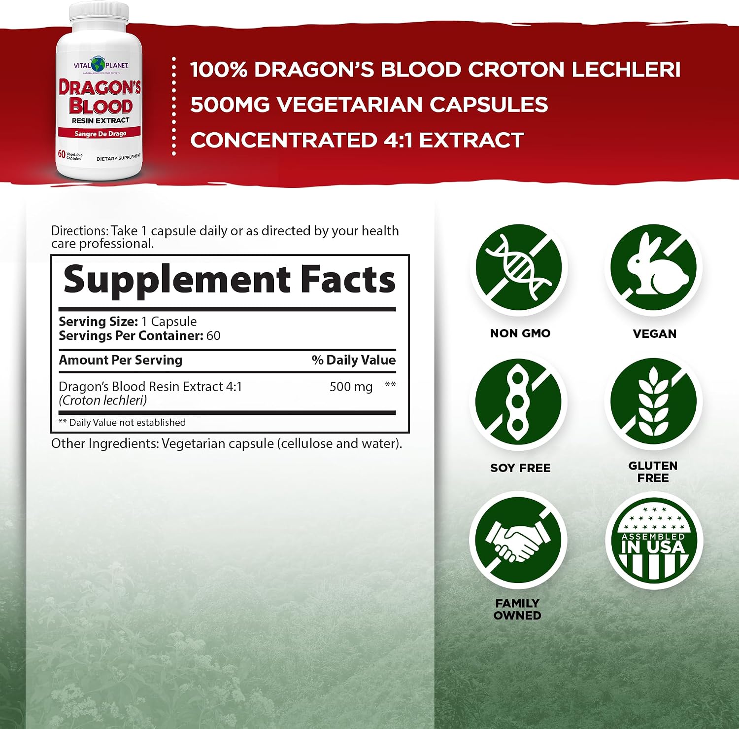 Vital Planet - Extracto de Resina de Sangre de Drago (Croton lechleri), 500 mg, 60 Cápsulas (Pack de 2)