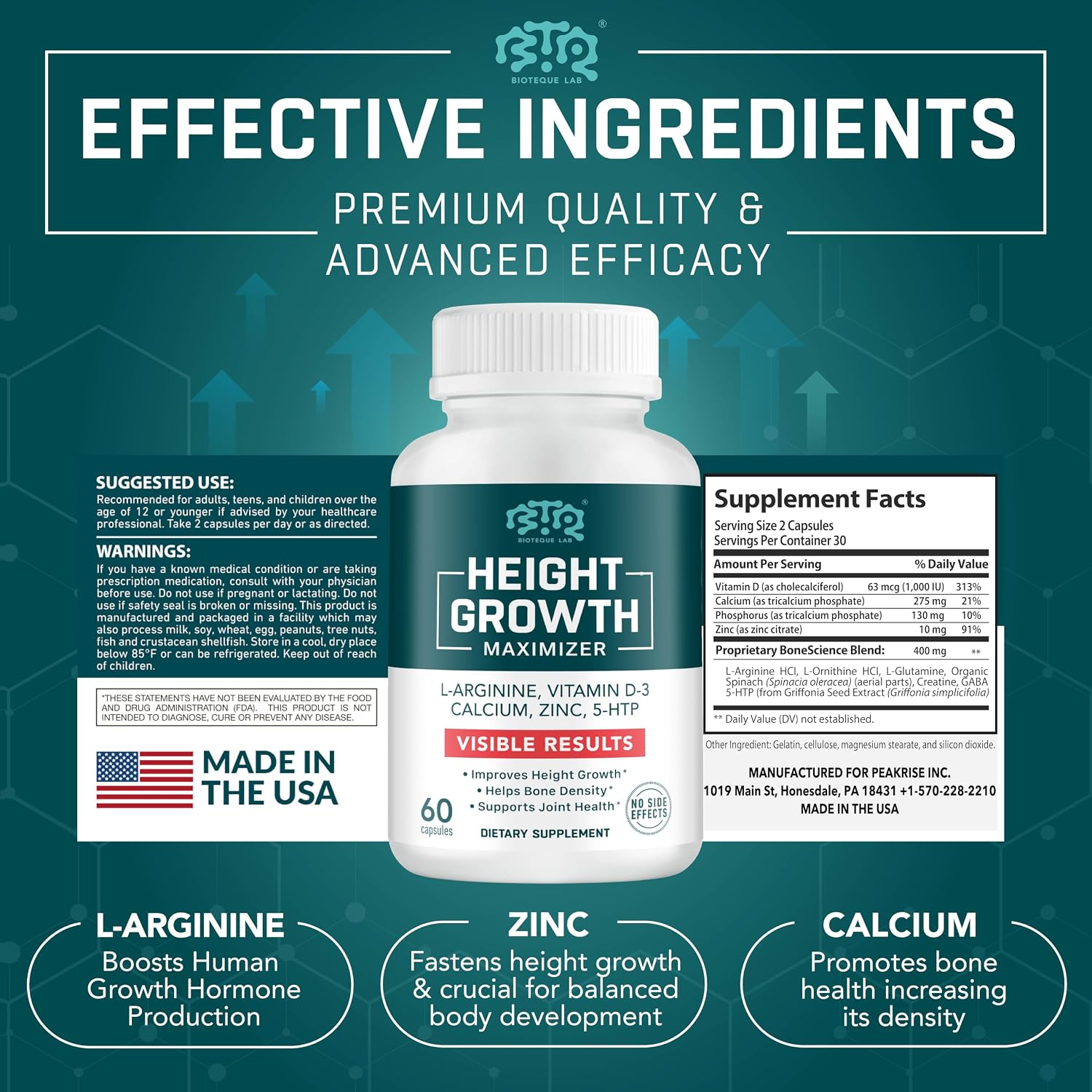 BIOTEQUELAB Height Growth Maximizer - Calcio, Vitamina D3 y Zinc - 60 Cápsulas