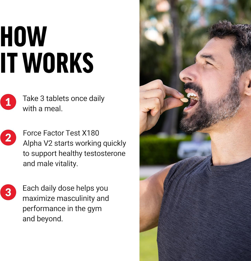 Force Factor Test X180 Alpha v2 – Suplemento de Apoyo Masculino, 120 Comprimidos