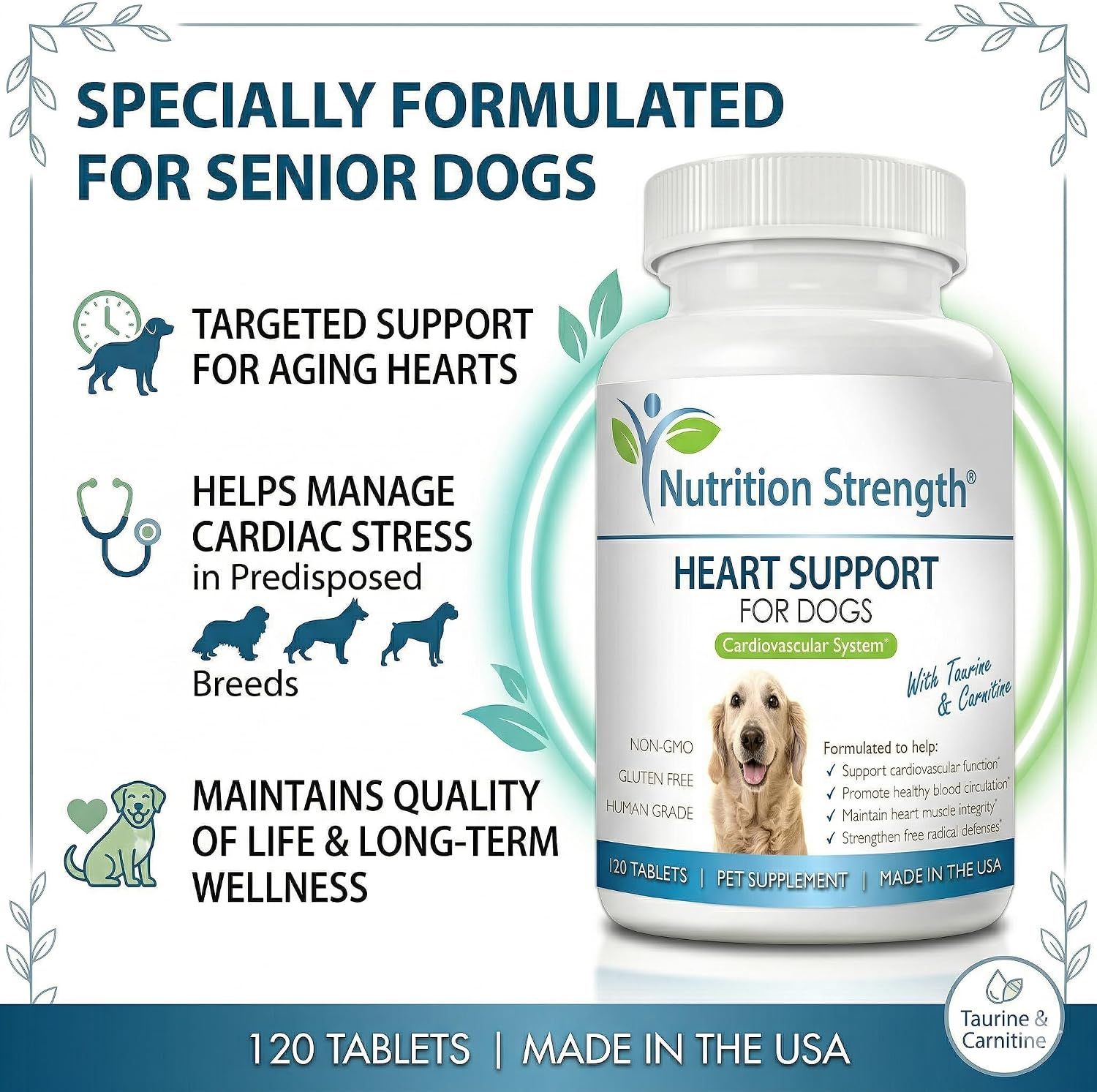 Nutrition Strength Apoyo cardíaco para perros con taurina y carnitina, 120 comprimidos masticables