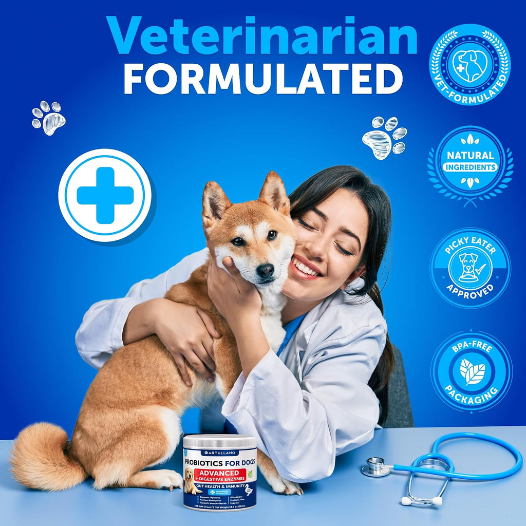 Probióticos para Perros - Apoya la Salud Digestiva, Piel con Picor, Alergias, Inmunidad, Equilibrio de Levaduras - Probióticos y Enzimas Digestivas con Prebióticos - Reduce Diarrea, Gases - 180 Masticables Probióticos para Perros