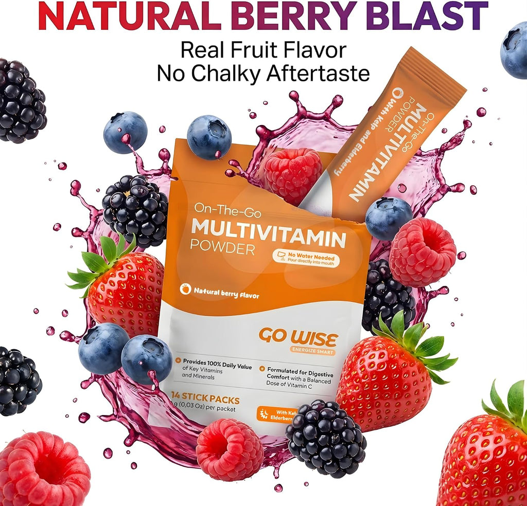 Go Wise Multivitamínico en Polvo - Bariátrico, Sin Pastillas, Vegano, Sabor Berry Natural