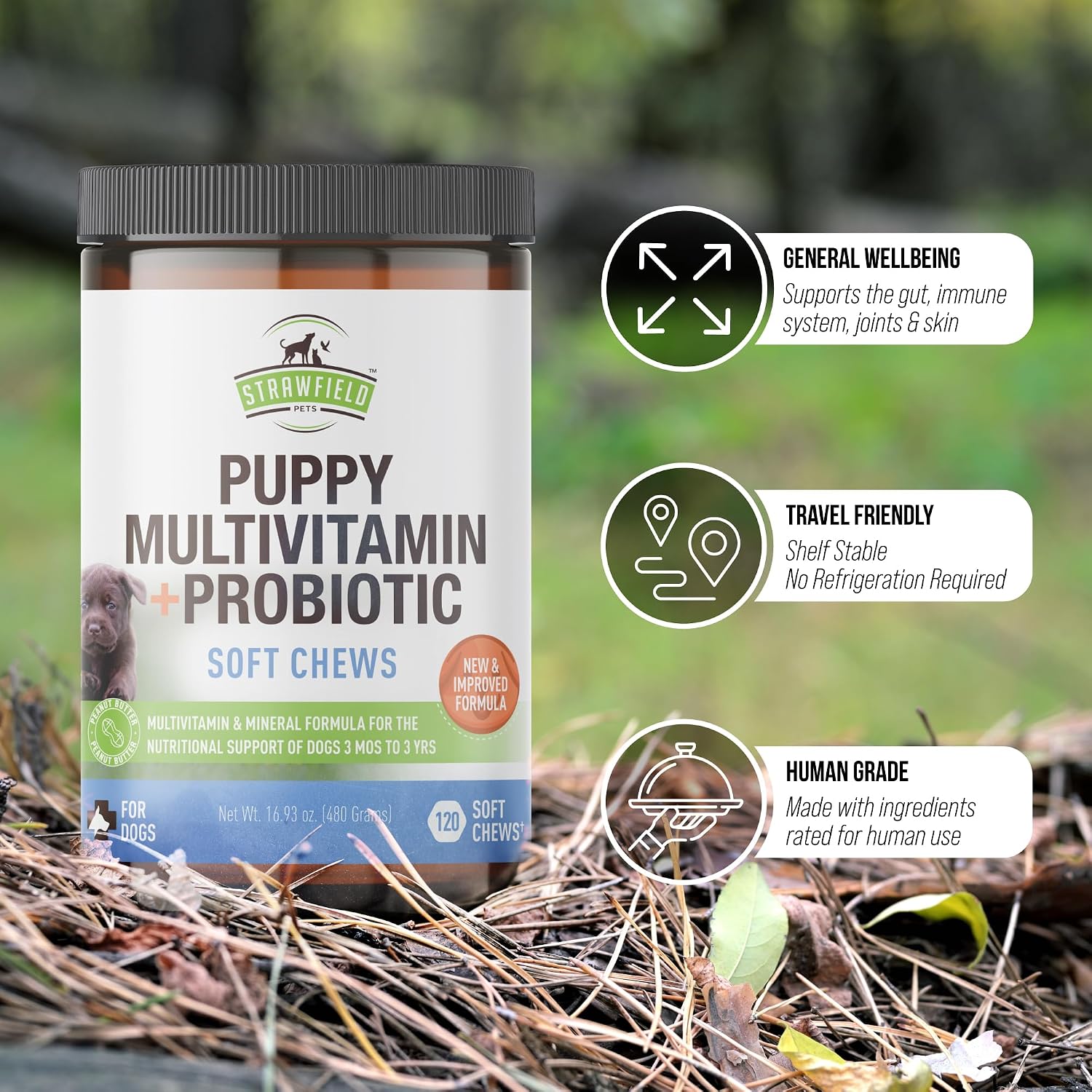 Strawfield Pets Multivitamínico + Probióticos para Cachorros - 120 Comprimidos Blandos Sabor Mantequilla de Cacahuete
