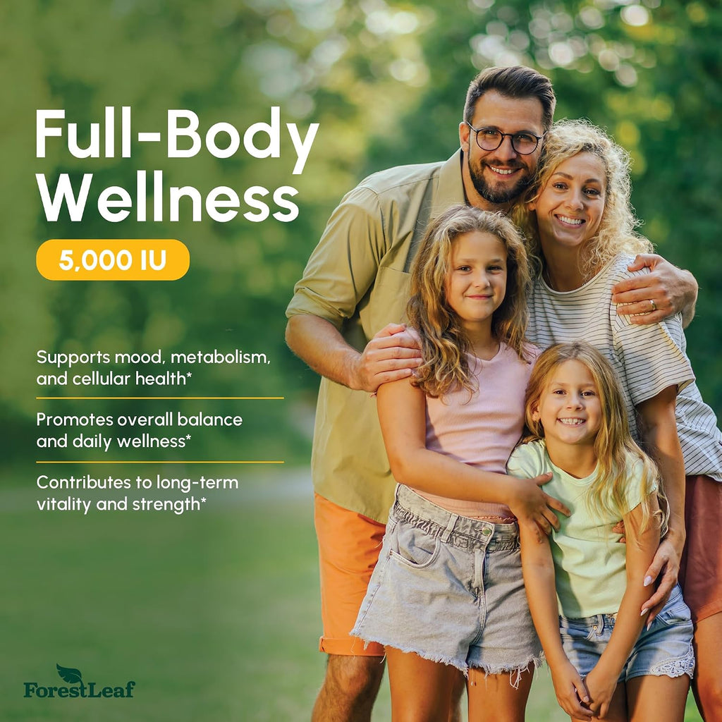 ForestLeaf Vitamina D3 5000 UI - 180 Cápsulas - Apoyo para Huesos, Dientes e Inmunidad