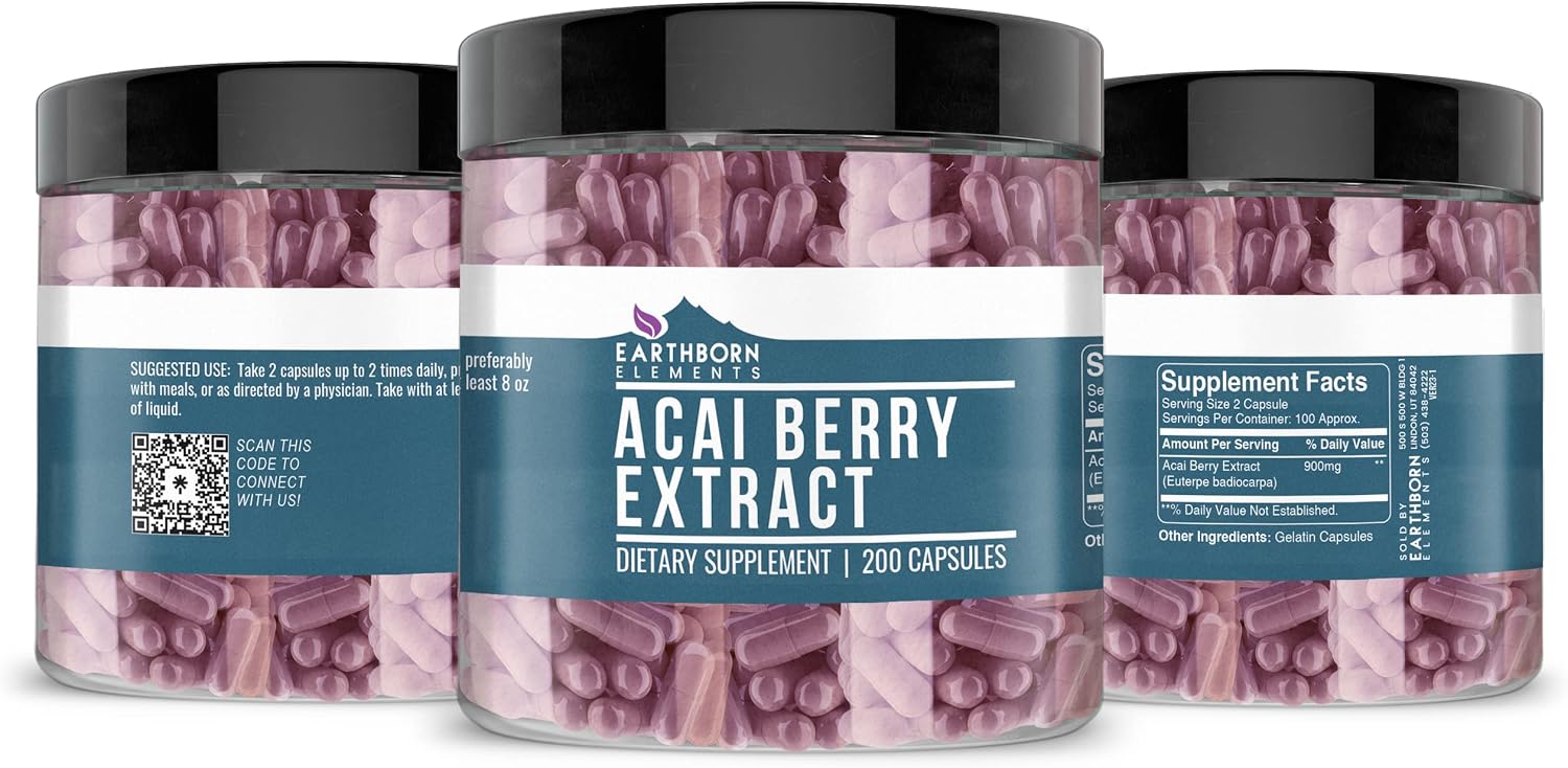 Earthborn Elements Extracto de Acai Berry 200 Cápsulas, Puro y Sin Aditivos