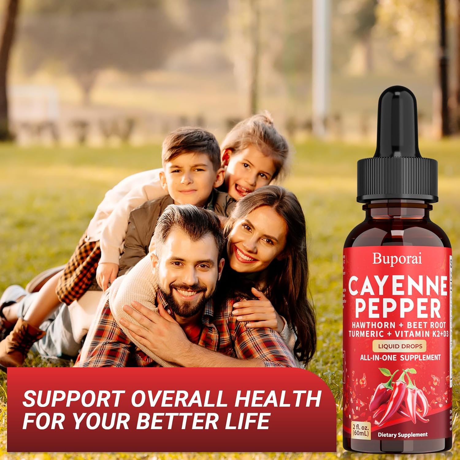 Buporai Gotas de Cayena, Extracto Líquido de Cayena para el Bienestar General, 60 ml, con Vitamina D3 K2 y Remolacha
