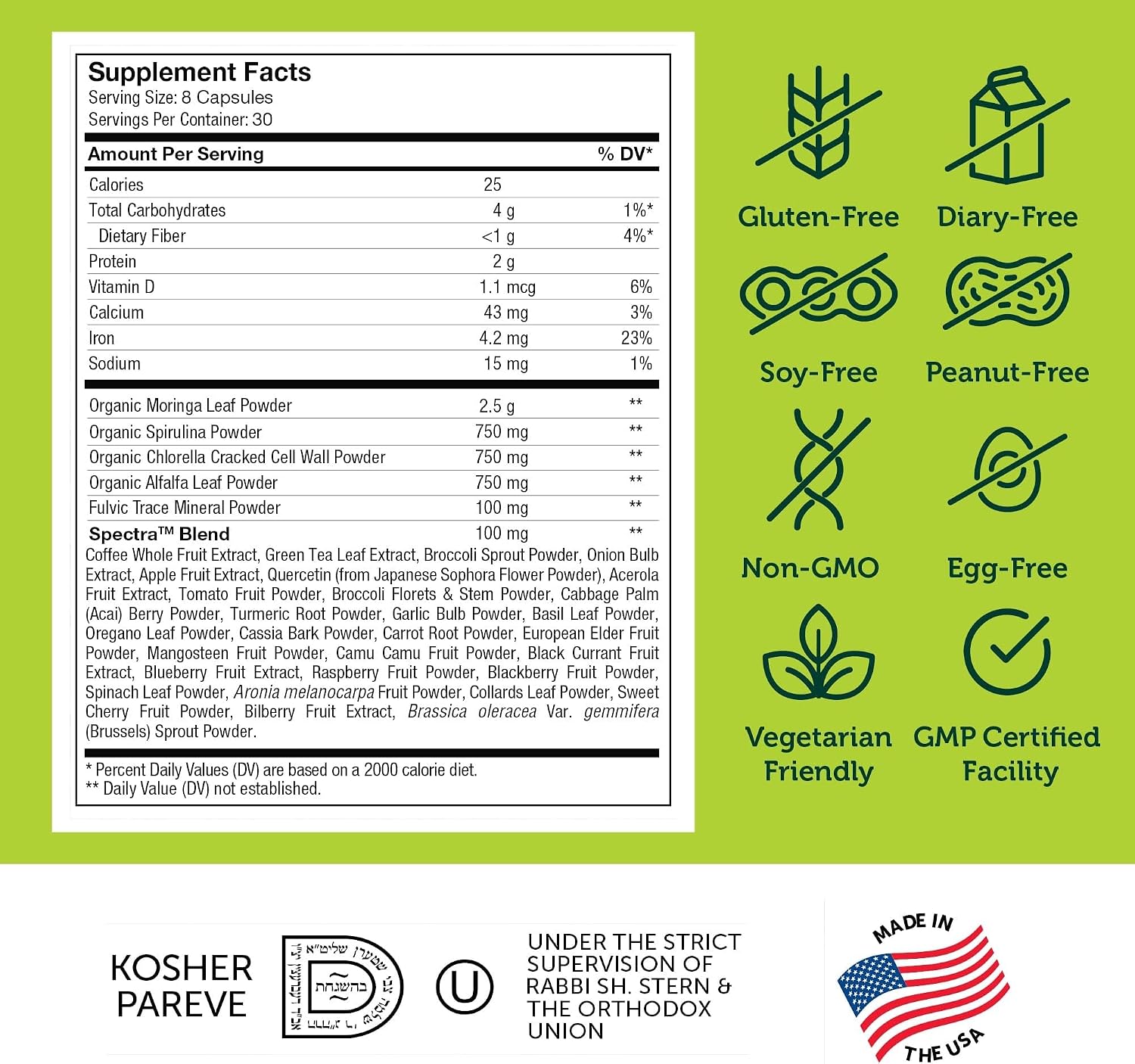 Zahler Core Greens, Cápsulas de Superalimentos Verdes, con Espirulina, Chlorella y Spectra Blend, 240 Cápsulas