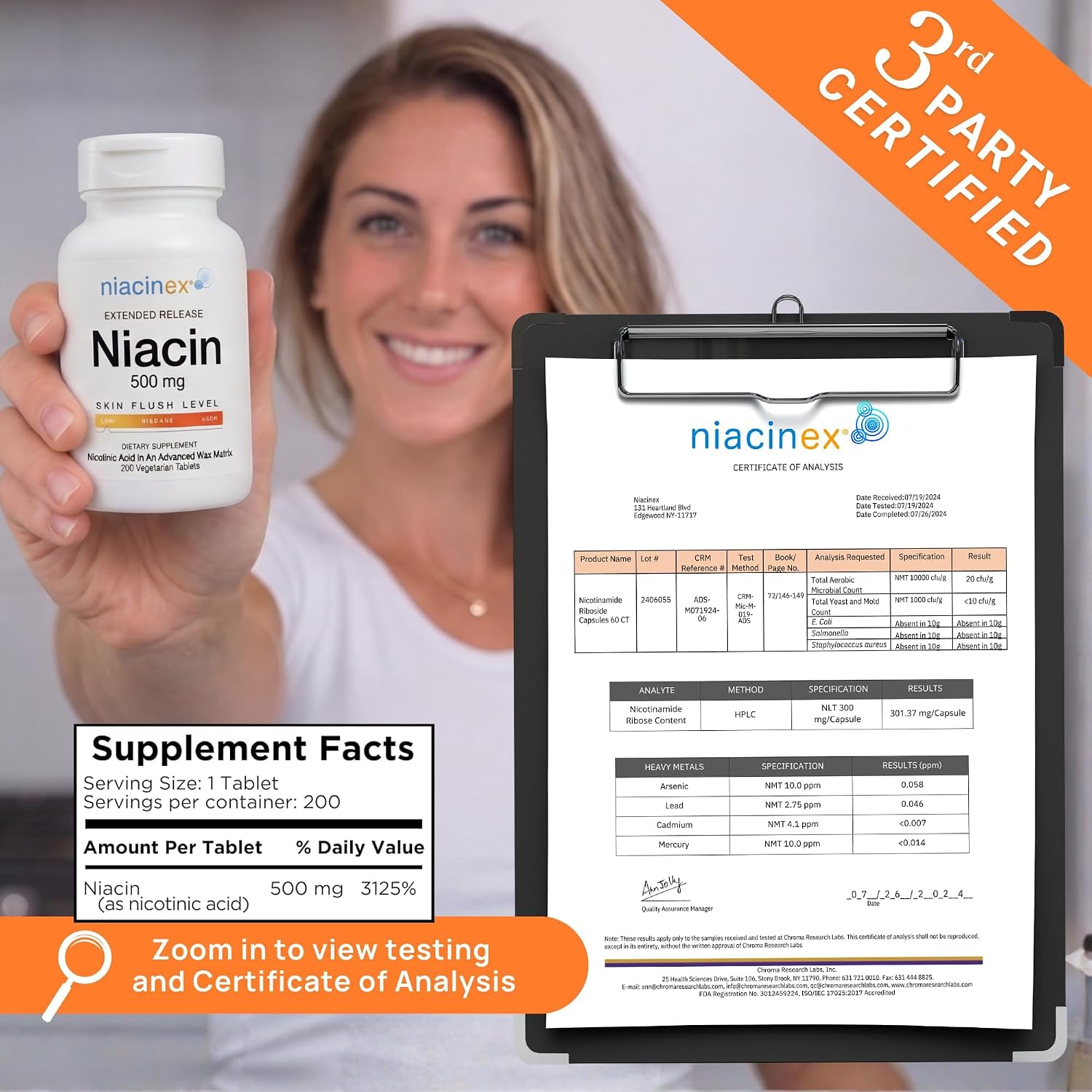 Niacinex Niacina 500mg Liberación Prolongada, 200 Comprimidos - Mínimo Enrojecimiento, Vitamina B3 Vegana