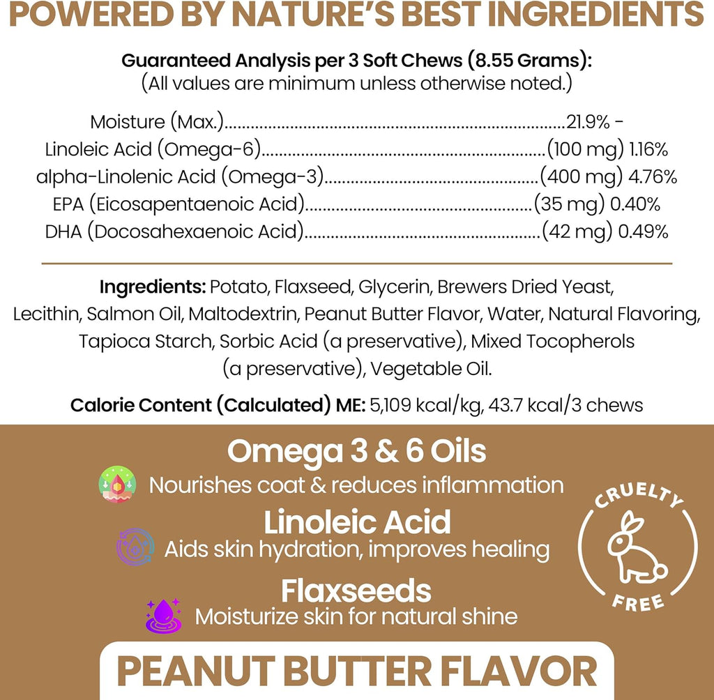 Omega 3 para Perros, 180 Masticables Blandos - Aceite de Salmón y Pescado para Piel y Pelaje, Alivio de Alergias y Picazón - EPA DHA - Sabor a Mantequilla de Cacahuete - Hecho en EE.UU.