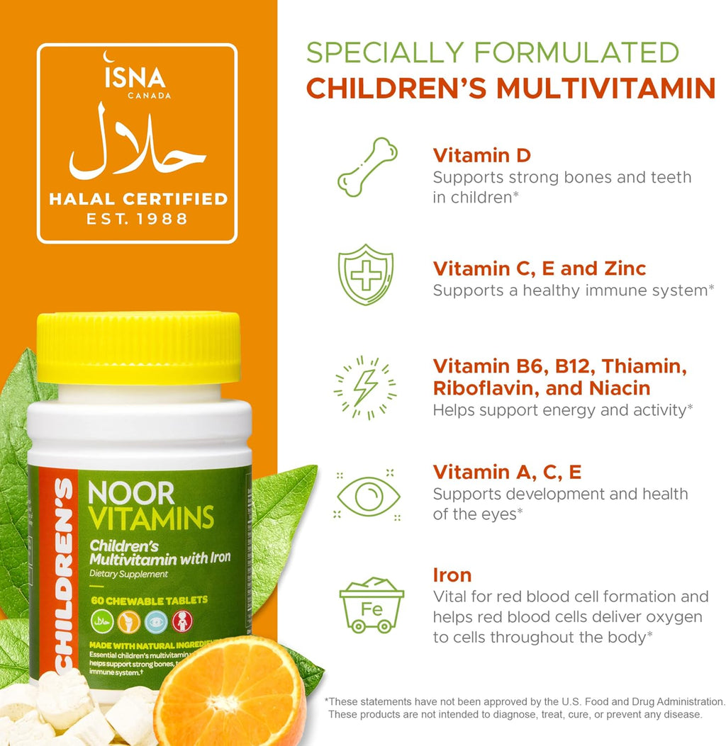 Noor Vitamins Children's Chewable Multivitamin with Iron - 60 Tablets (2 Month Supply)