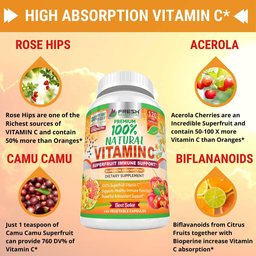 Fresh Healthcare Vitamina C 500mg Natural – 120 Cápsulas Veganas