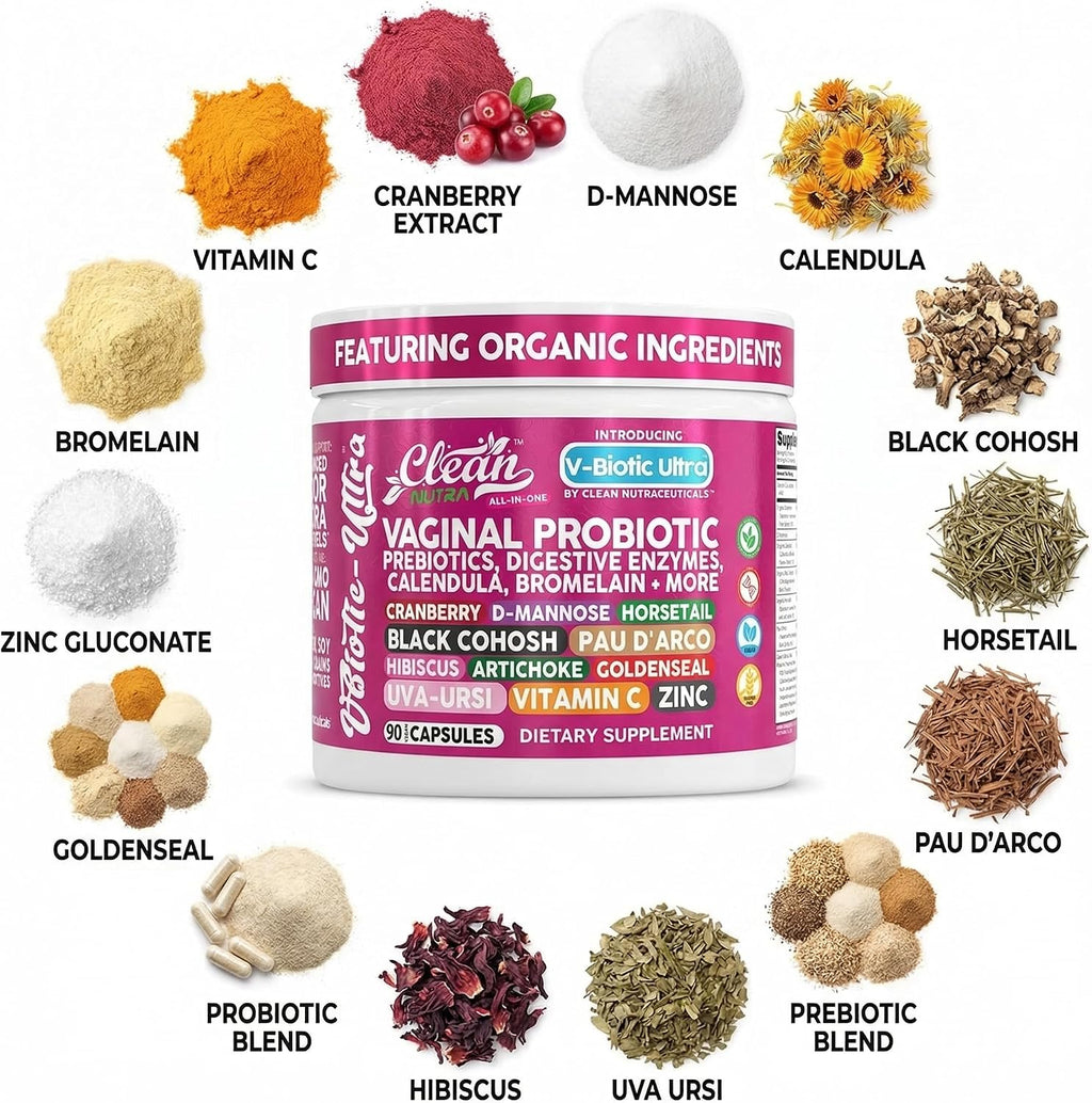 Clean Nutra Vaginal Probiotics for Women + Prebiotics Digestive Enzymes Bromelain Cranberry D Mannose Horsetail Black Cohosh Artichoke Hibiscus Flowers Probiotic for Digestive Health 90 Vegan Capsules
