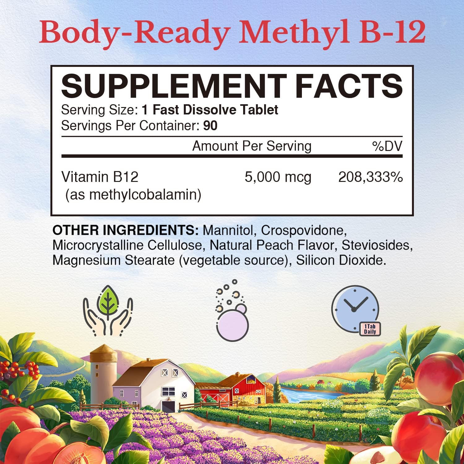Vitalitown Vitamina B12 (Metil B12) 5000 mcg, 90 Comprimidos de Disolución Rápida Sabor Melocotón