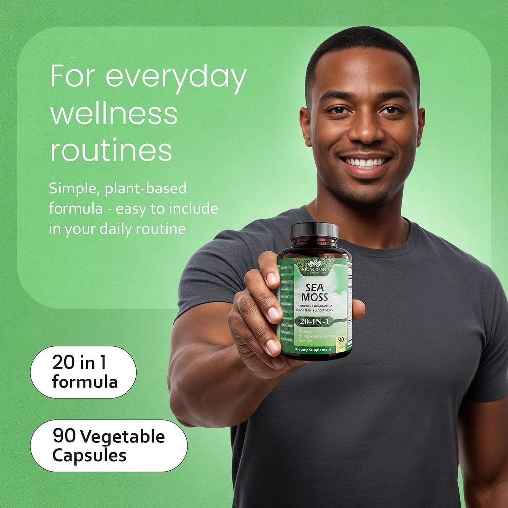 Sea Moss, Aceite de Semilla Negra, Bladderwrack, Cúrcuma, Ashwagandha, Bardana, Vitamina C, D3, Raíz de Yellow Dock, Manuka, Diente de León - 90 Cápsulas Veganas