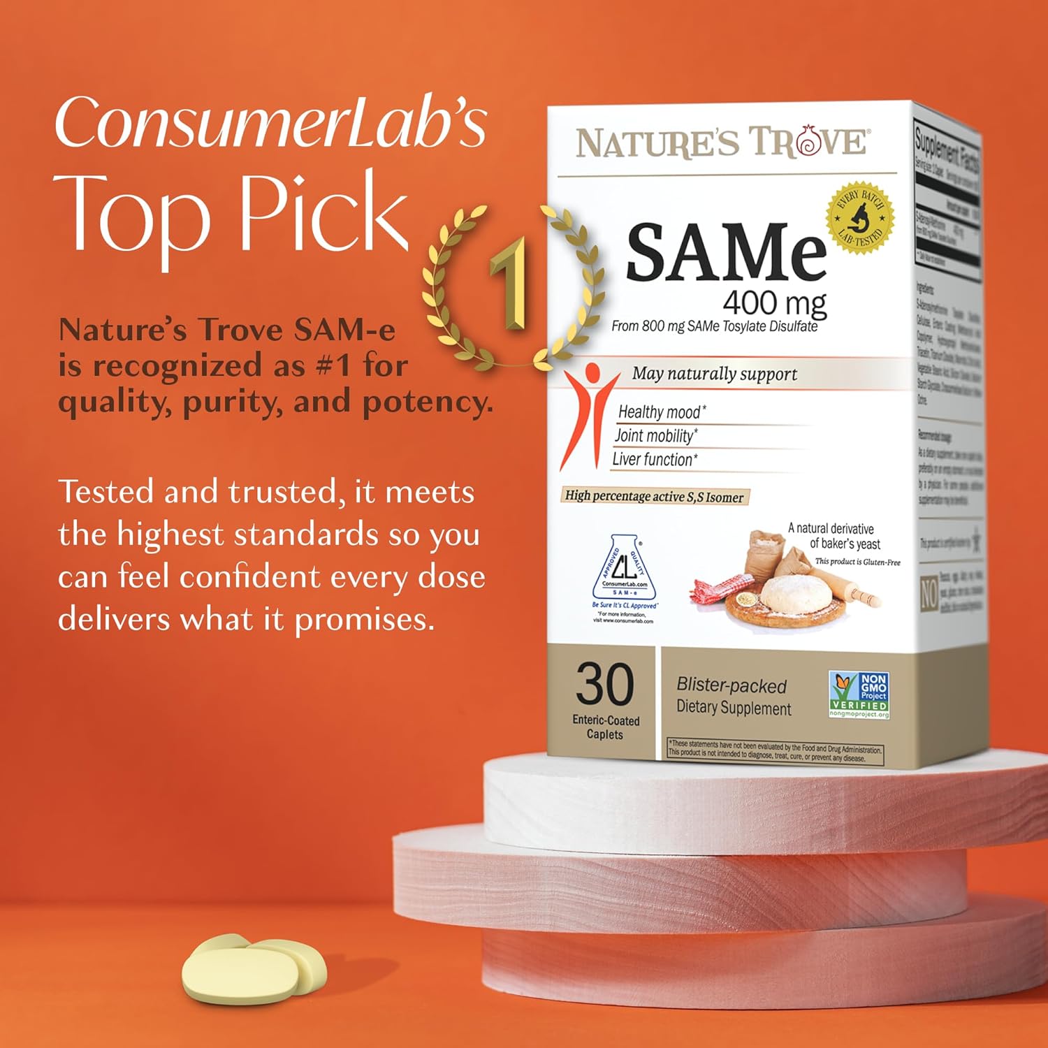 Nature's Trove SAM-e 400 mg – 30 tabletas entéricas | Vegano, Kosher, Sin gluten
