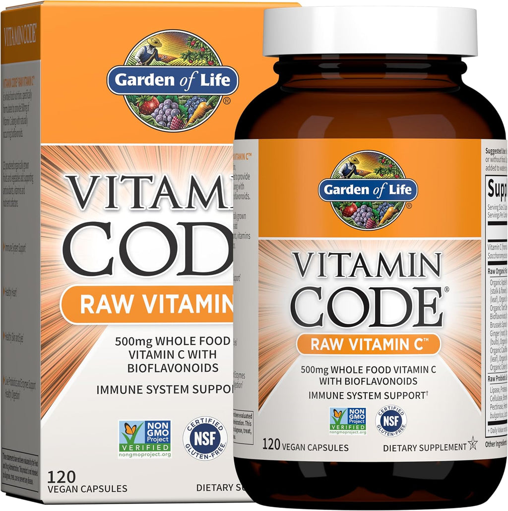 Garden of Life Vitamin Code Raw Vitamin C - 120 Cápsulas, 500mg de Vitamina C de Alimentos Integrales con Mezcla de Frutas y Verduras y Probióticos
