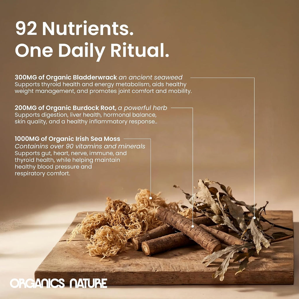 ORGANICS NATURE Irish Sea Moss Cápsulas 90 uds | Suplemento de Algas Marinas con Burdock y Bladderwrack