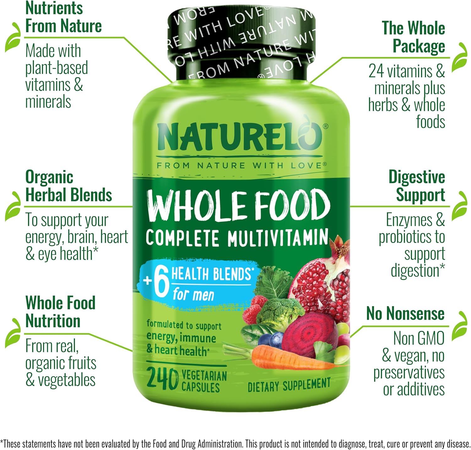 NATURELO Multivitamínico para Hombres - Complejo de Alimentos Integrales con Vitaminas y Minerales - 240 Cápsulas Vegetarianas