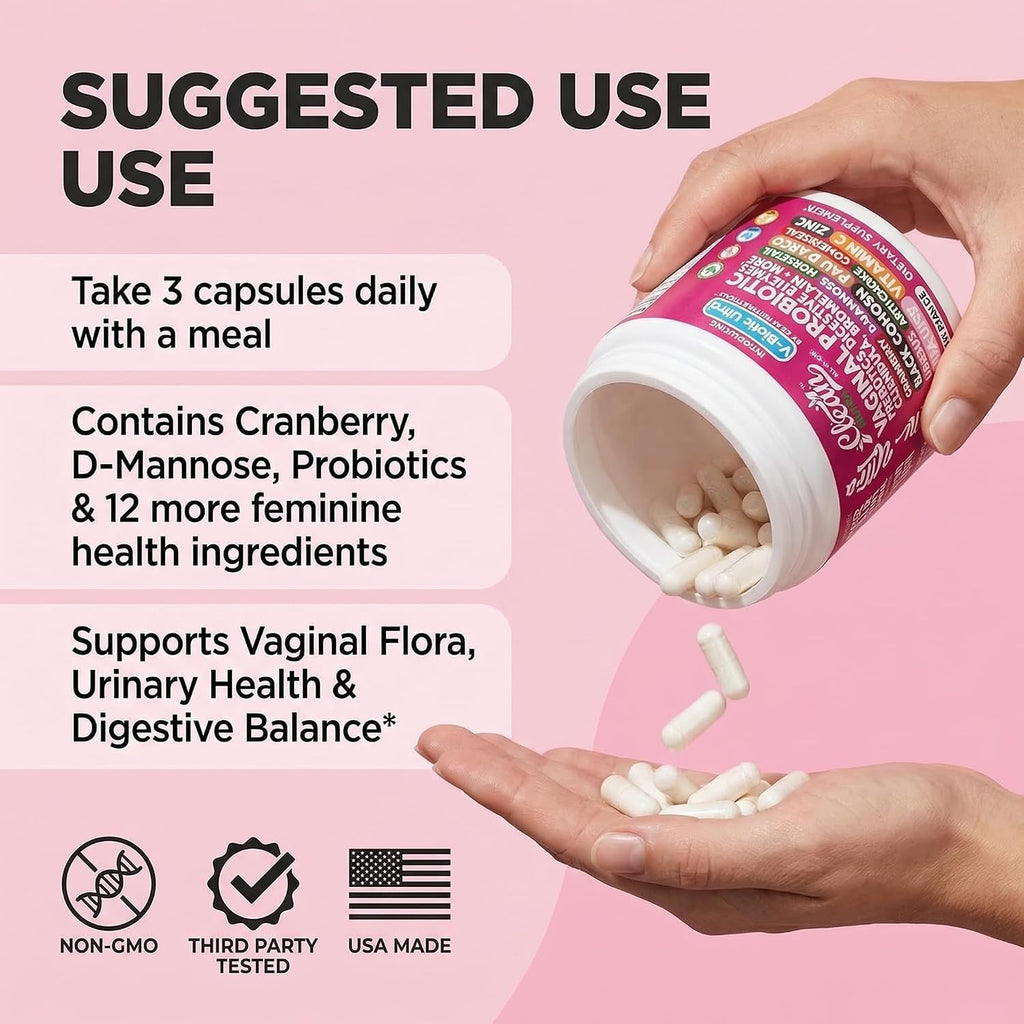 Clean Nutra Vaginal Probiotics for Women + Prebiotics Digestive Enzymes Bromelain Cranberry D Mannose Horsetail Black Cohosh Artichoke Hibiscus Flowers Probiotic for Digestive Health 90 Vegan Capsules