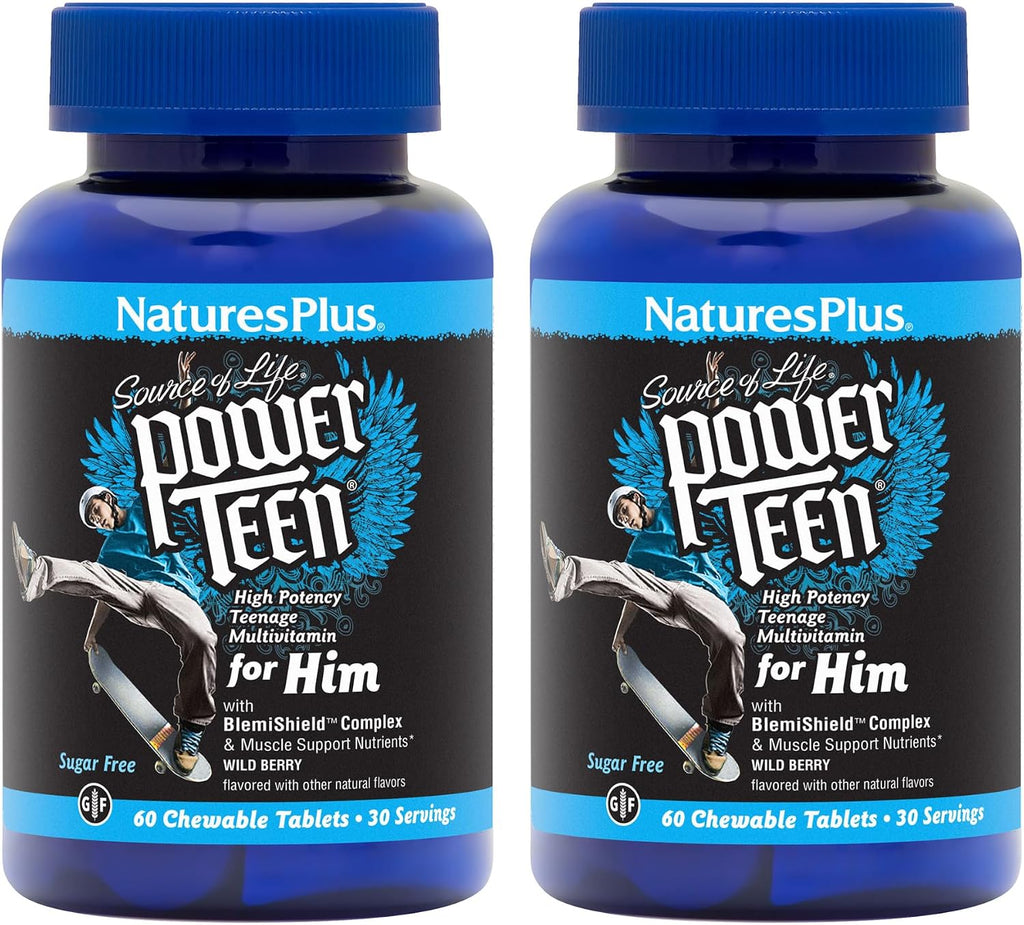 NaturesPlus Power Teen for Him - 60 Comprimidos Masticables, Wild Berry - Multivitamínico de Alta Potencia para Adolescentes - Sin Azúcar, Vegetariano, Sin Gluten