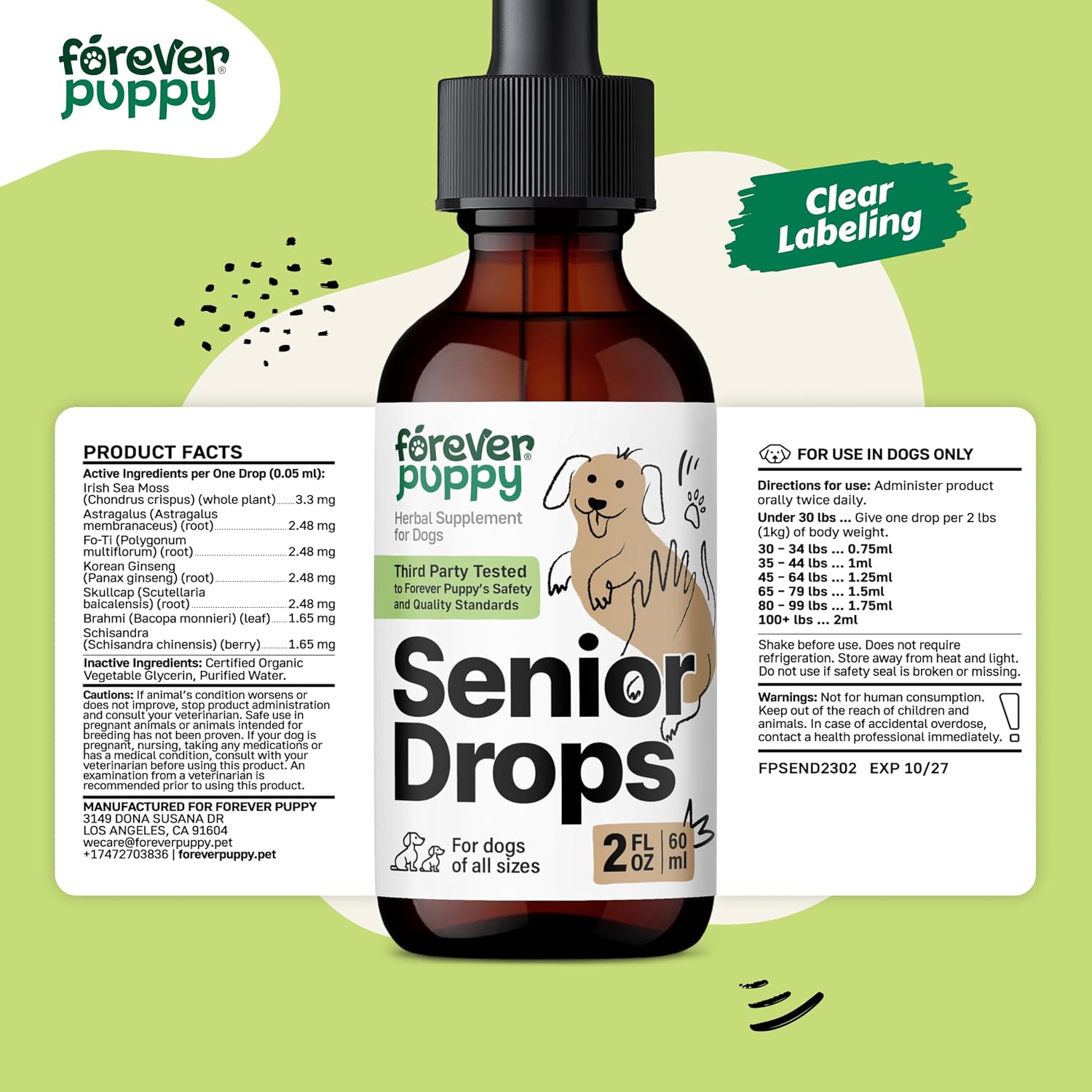Forever Puppy Senior Dogs Drops - Complejo de apoyo inmunológico y cerebral para perros mayores de todas las razas y tamaños - Vitaminas y suplementos para mascotas mayores - Suplementos alimenticios - 59 ml
