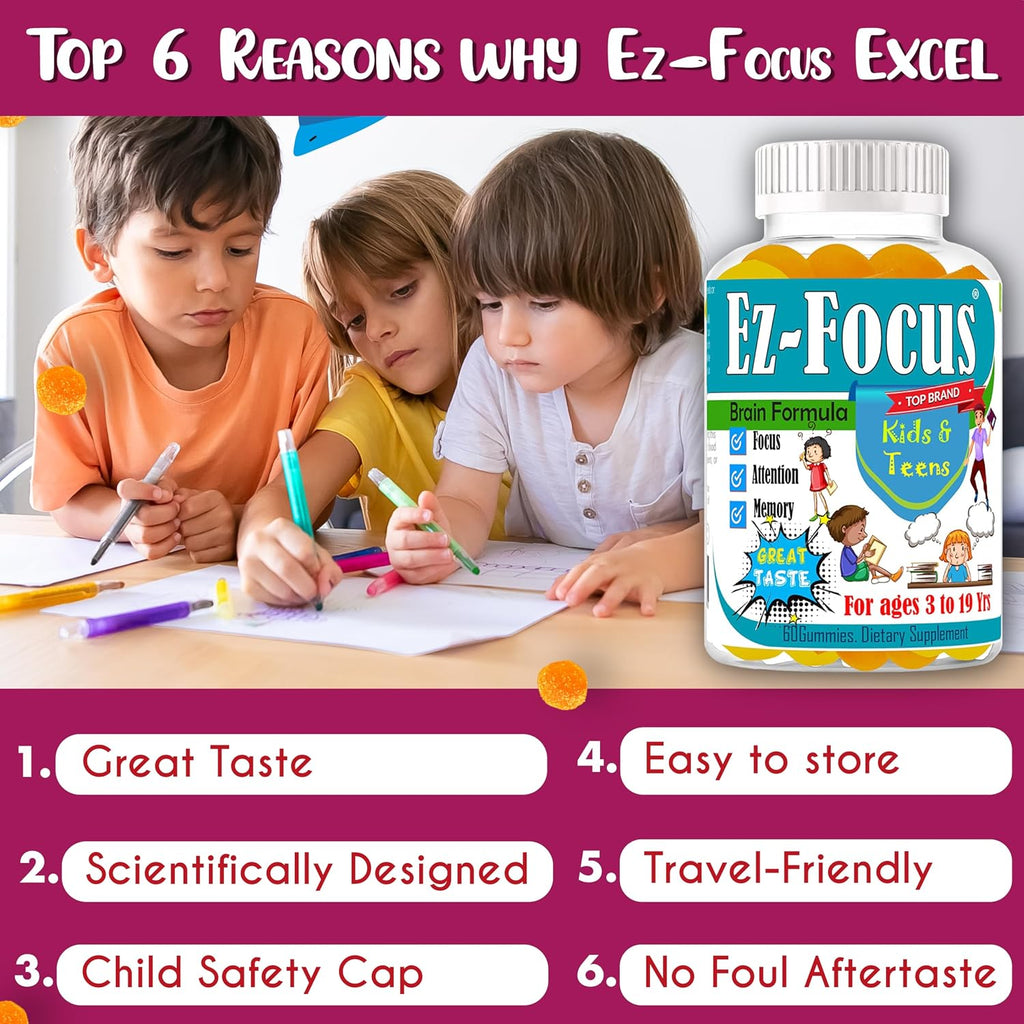 Ez-Focus Gominolas para Niños y Adolescentes – Apoyo al Enfoque Cerebral, Memoria y Concentración, DHA y Omega-3, 60 gominolas