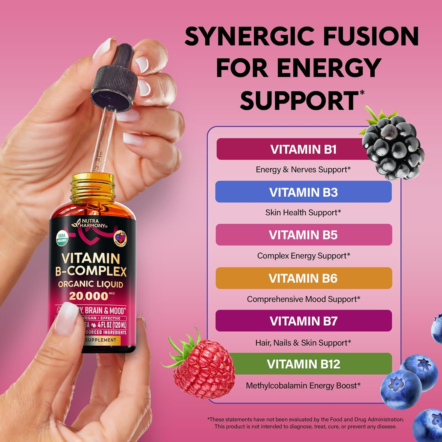 NUTRAHARMONY Complejo B Líquido USDA Orgánico - 20000 mcg con B5, B12 Metilcobalamina, B1, B6, B7, B9, B3 - Sabor Natural a Bayas, Sin Azúcar, 118 ml