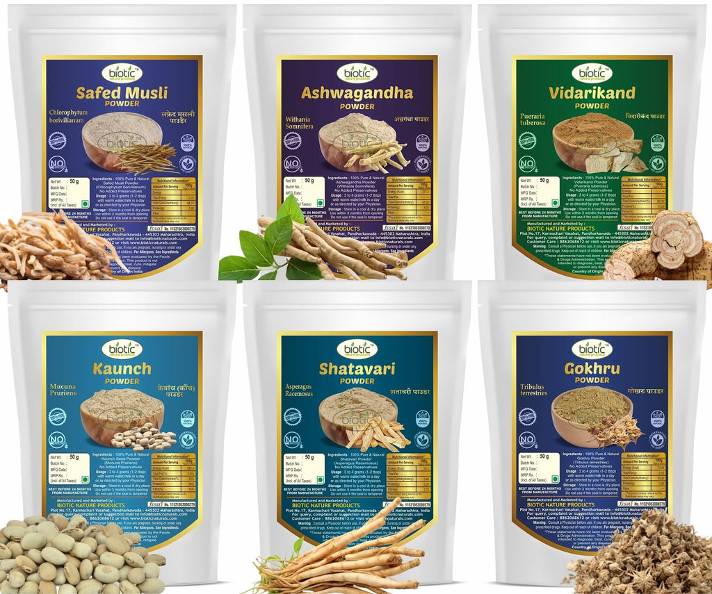 Biotic Mezcla de Polvos Ayurvédicos: Safed Musli, Ashwagandha, Shatavari, Gokhru, Vidarikand y Kaunch – 300g