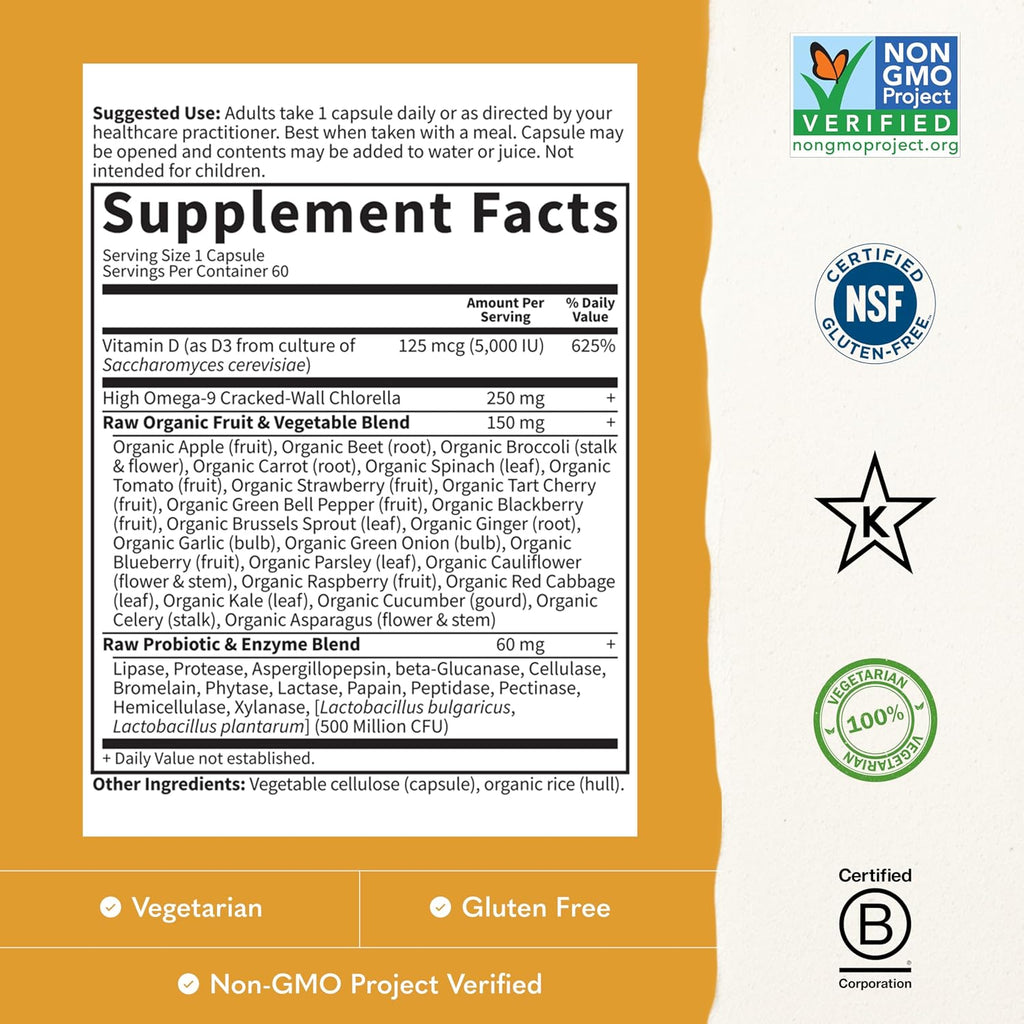 Garden of Life Vitamina D3 5000 UI, Suplemento de Alimentos Integrales con Chlorella, Frutas, Verduras y Probióticos, para Huesos e Inmunidad, 60 Cápsulas Vegetarianas