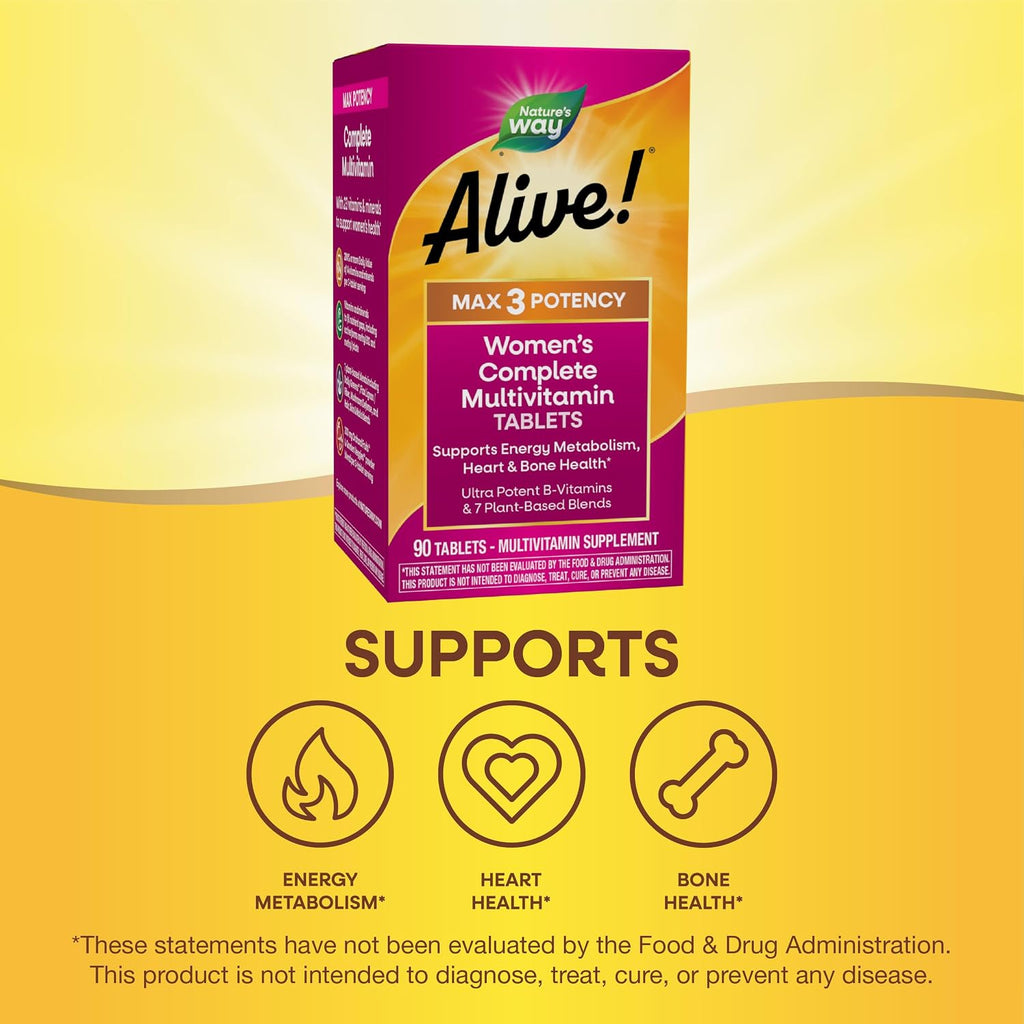 Nature's Way Alive! Max3 Potencia Mujer Multivitamínico Completo, Apoya el Metabolismo Energético, Salud del Corazón y Huesos, con Vitaminas B Metiladas, 90 Comprimidos