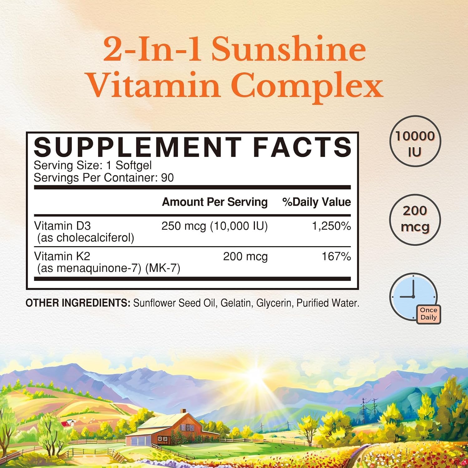 Vitalitown Vitamina D3 K2 Complemento, 10000 UI D3 y 200 mcg K2 (MK-7), 90 Cápsulas Blandas
