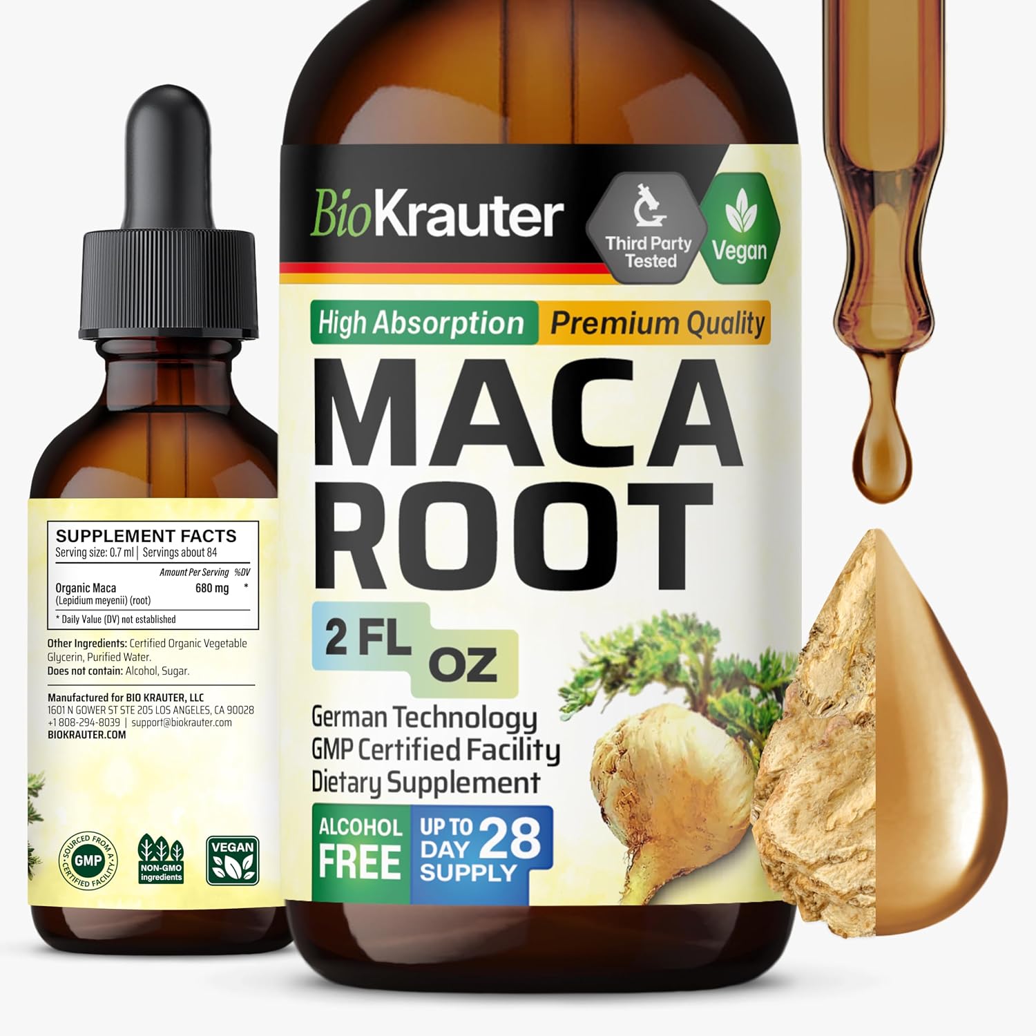 BIO KRAUTER® Maca Root for Women and Men - Vegan Maca Root Liquid Drops 680 mg for Drive & Active Lifestyle Support - 2 Fl.Oz., 28-Day Supply, Non-GMO, Alcohol & Sugar Free Herbal Supplements