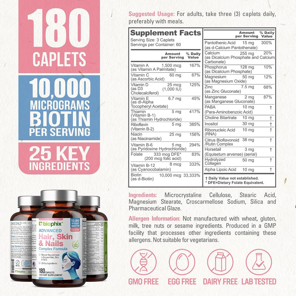 biophix Hair Skin and Nails Complex - 180 Caplets con 10.000 mcg de Biotina