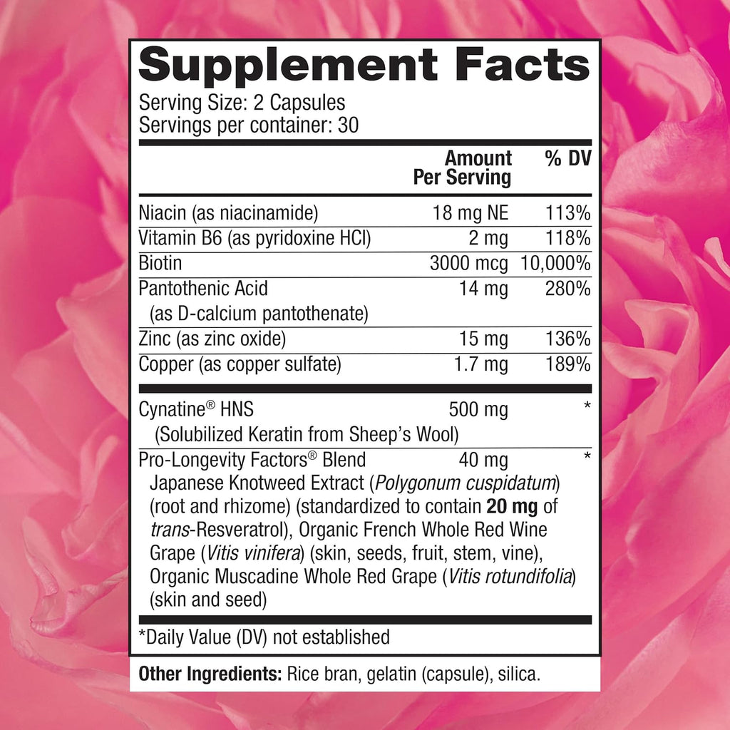 Reserveage Beauty Keratin Hair Booster with Biotin and Resveratrol - 60 Capsules