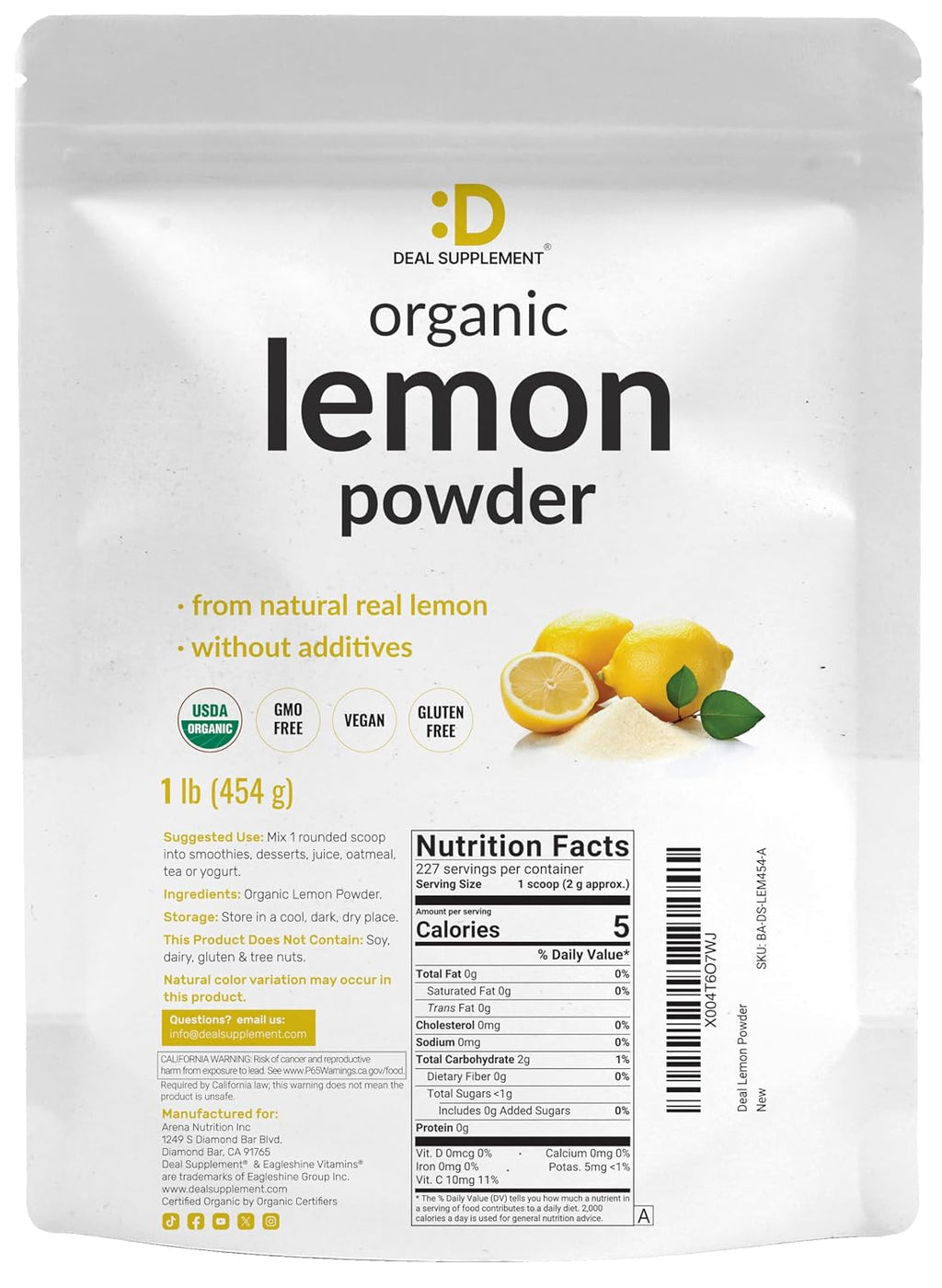 Polvo de Limón Orgánico, 454g – Liofilizado – Rico en Vitamina C – Sabor a Zumo de Limón Natural – Sin OMG, Sin Rellenos, Sin Azúcar