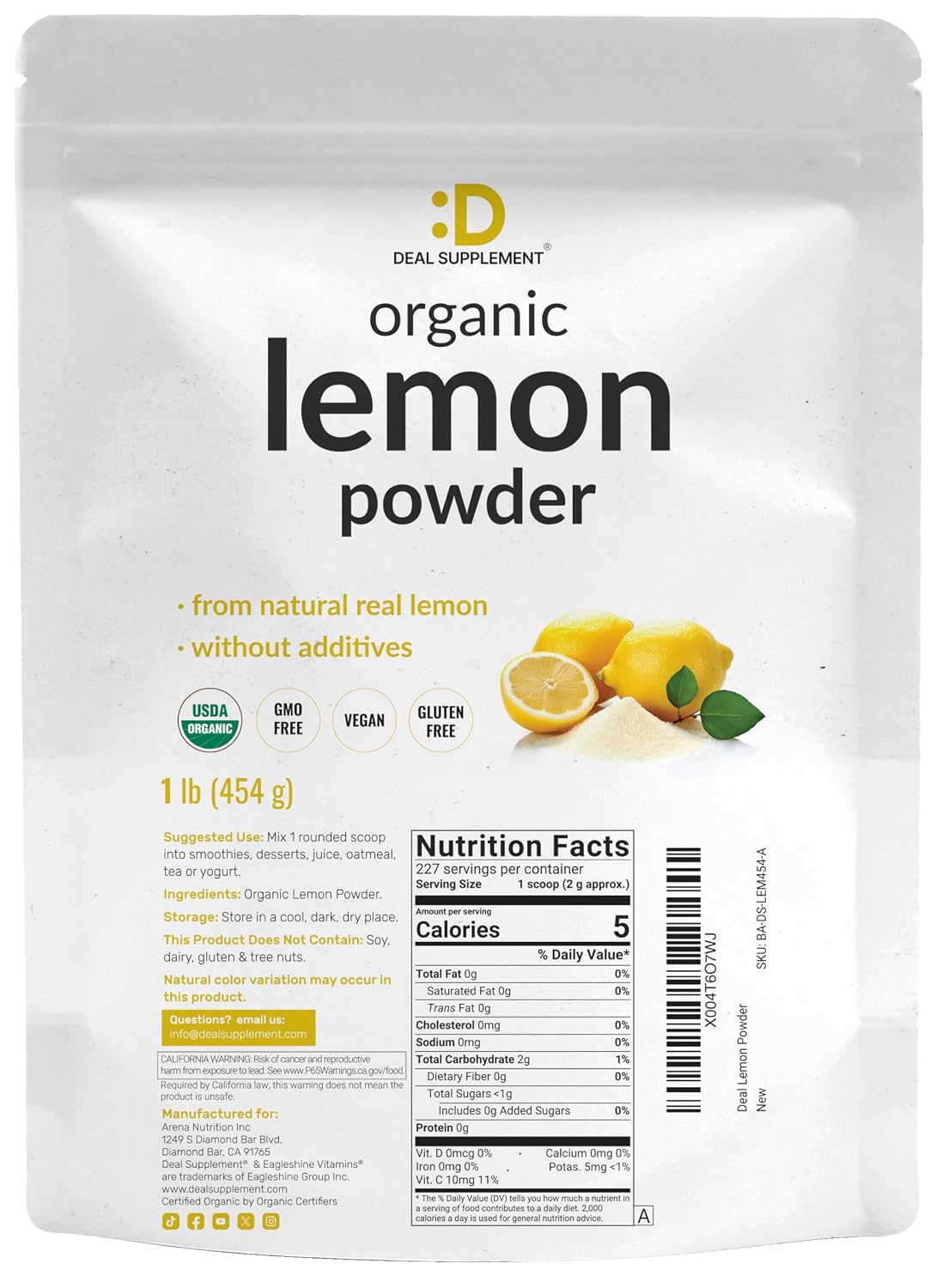 Polvo de Limón Orgánico, 454g – Liofilizado – Rico en Vitamina C – Sabor a Zumo de Limón Natural – Sin OMG, Sin Rellenos, Sin Azúcar