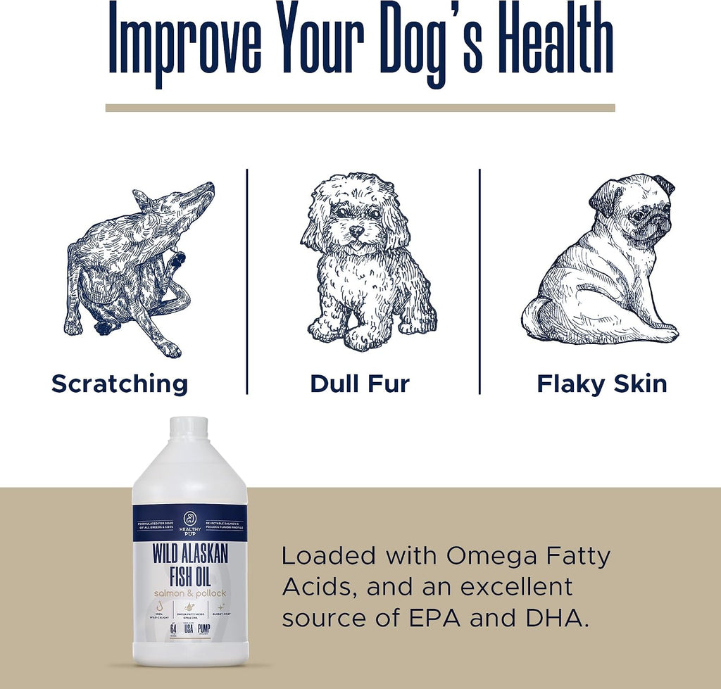 Aceite de Salmón Salvaje de Alaska y Abadejo para Perros - 64 oz (1.89 L) - Omega 3, EPA y DHA - Suplemento para Piel y Pelaje