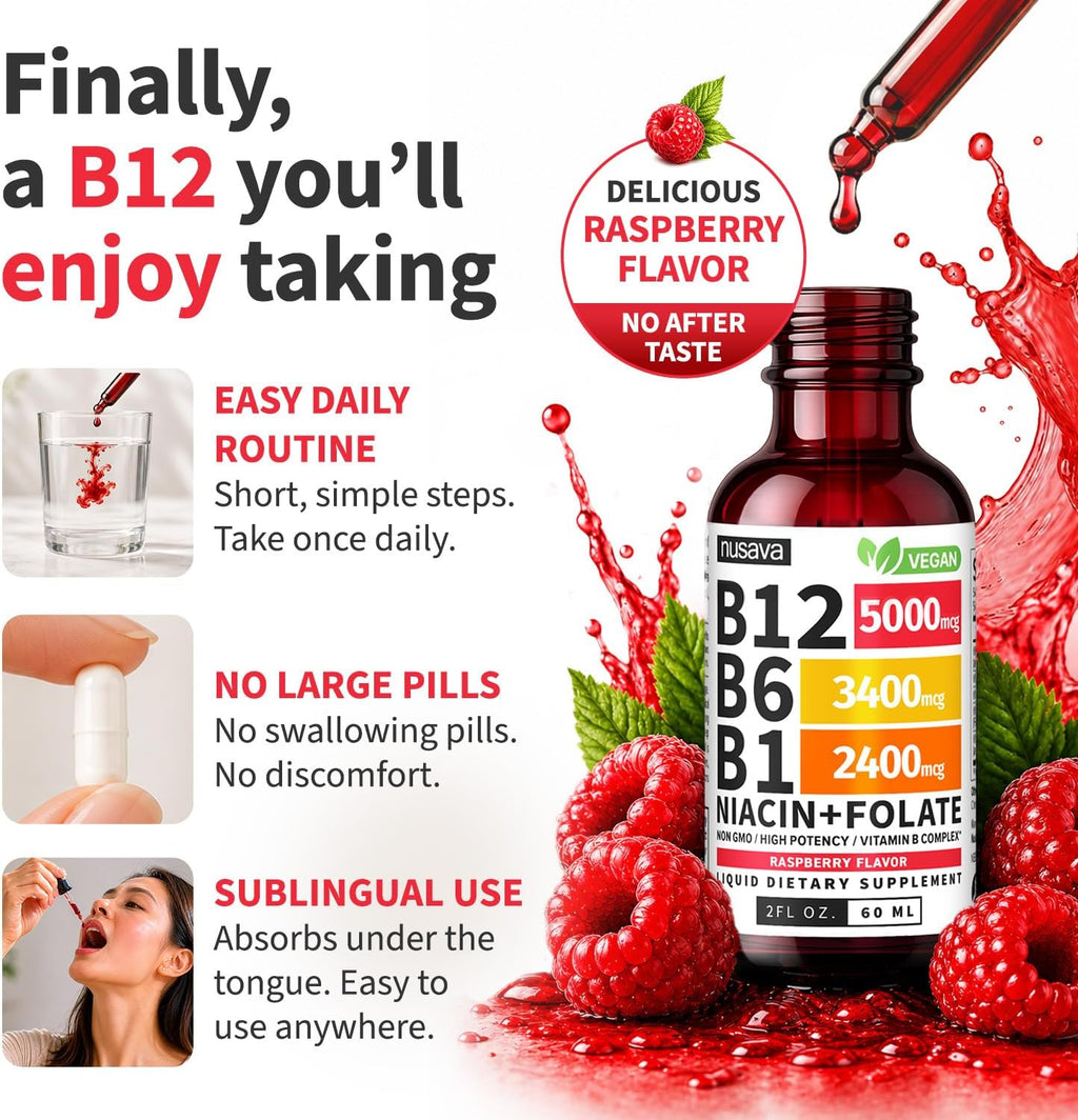 NUSAVA Complejo B Líquido con Vitamina B12, B6, B1, Niacina y Folato - Metilcobalamina 5000 mcg, Sabor Frambuesa, 80 Dosis