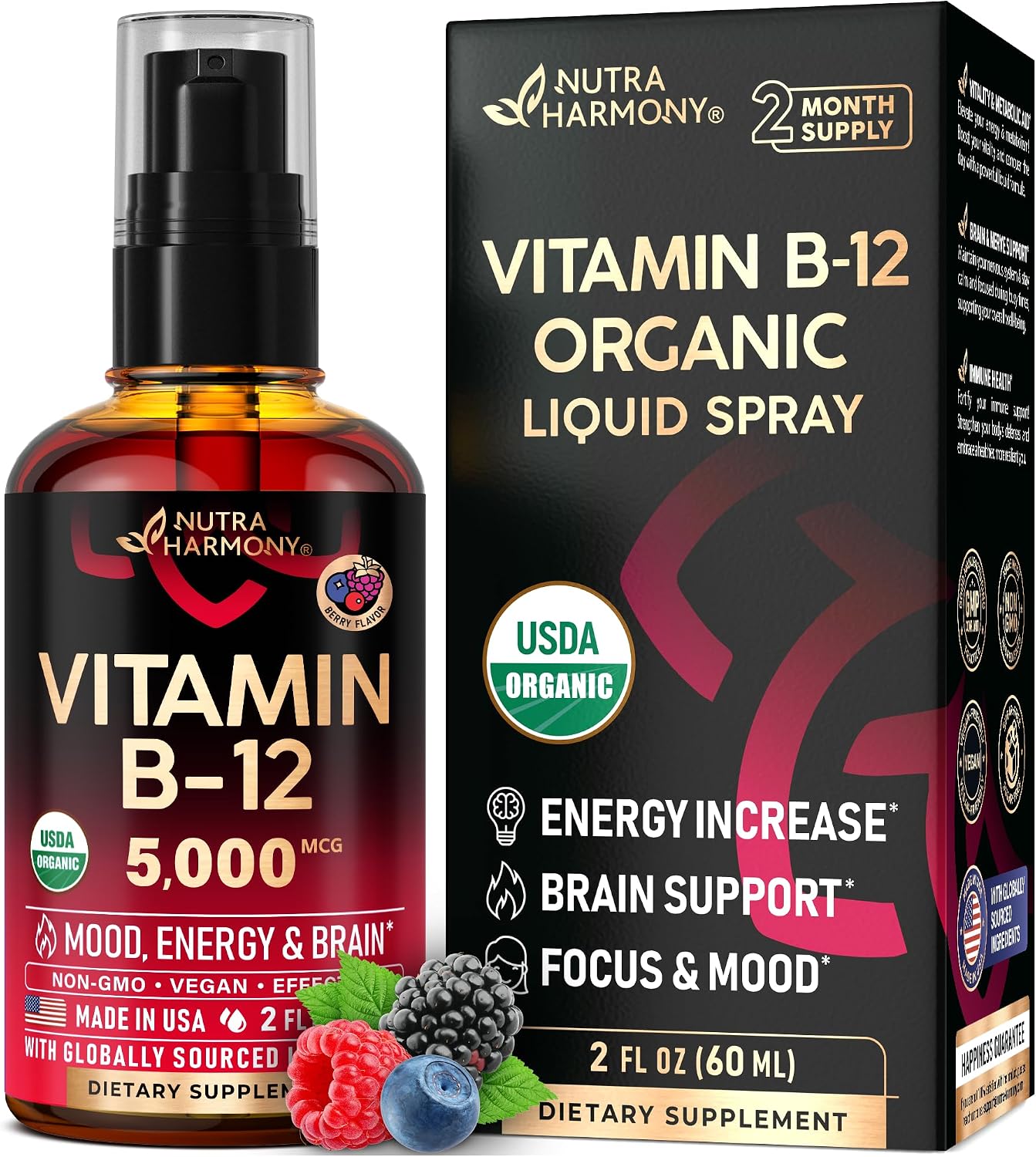 Spray Sublingual de Vitamina B12 Orgánico USDA - 5000 mcg - Metilcobalamina - 60 ml (2 Meses)