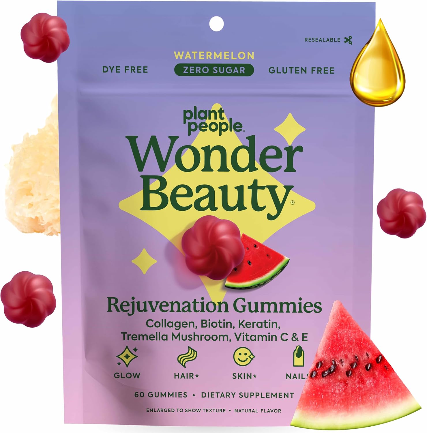Plant People WonderBeauty Gomitas para Cabello, Piel y Uñas con Seta Tremella, Péptidos de Colágeno, Queratina y Biotina – Sabor Sandía, 60 Gomitas
