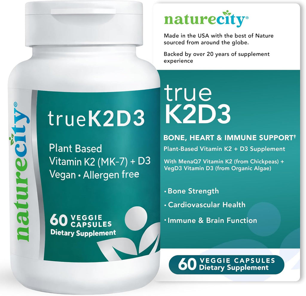 NatureCity TrueK2D3 - Vitamina K2 MK-7 (90 mcg) y D3 de Algas (2500 UI) - 60 Cápsulas Vegetales